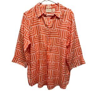Chico's 2 No Iron Women Tunic 100% Linen Orange Geometric Beach‎ Lagenlook